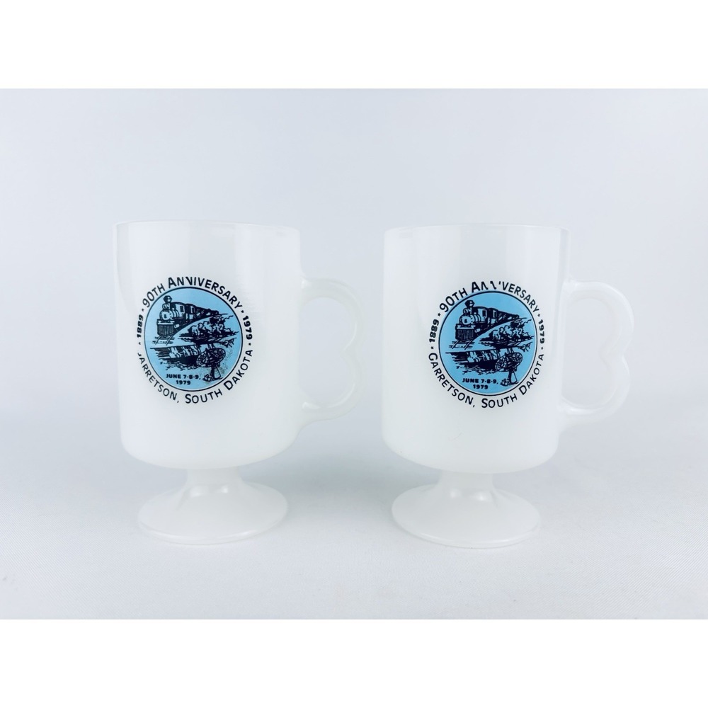 Lot 2 Vintage Garreston, South Dakota 90th Anniversary Milk Glass Pedestal Mugs